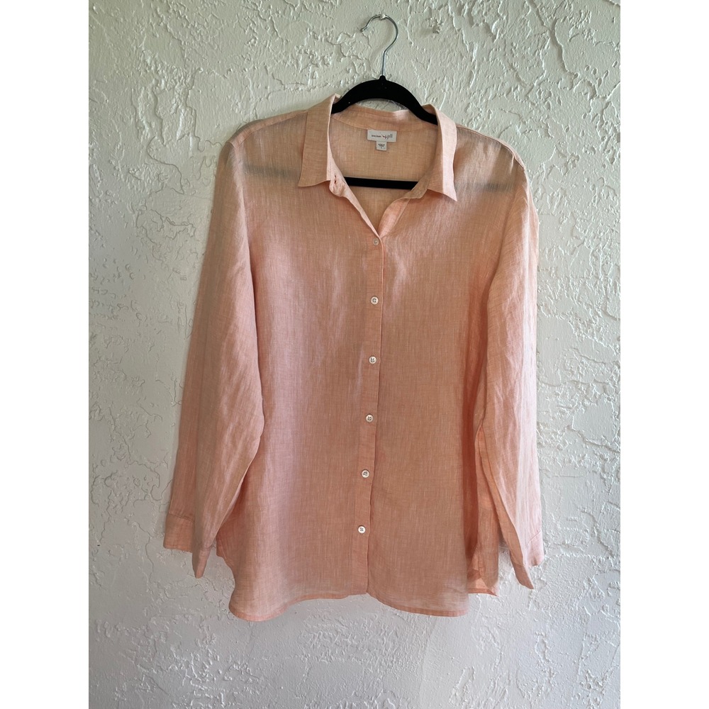 Love Linen 100% Linen Button Front Shirt Blouse Peach Long Sleeve Size